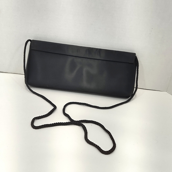 Elegant Black Satin Evening Clutch with Rhinestone Accents & Shoulder Strap - Picture 2 of 5